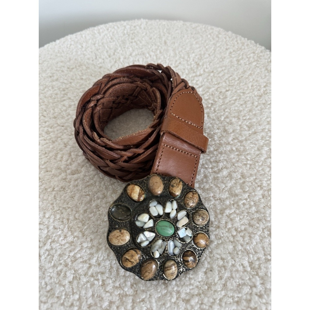 Cabi Belt Womens Medium Tan Leather Braided Chunky Buckle Stones Rock the‎ Ranch